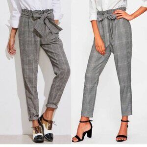 Zara Trafaluc Black And White Plaid Paper Bag Belted Trouser Pants